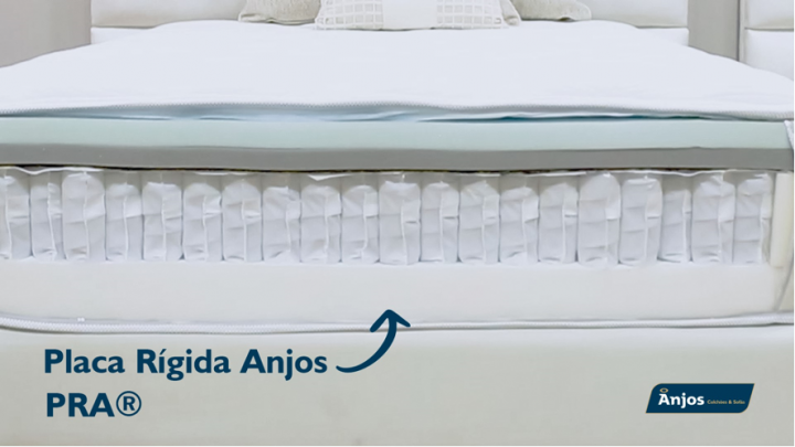 Recorte de um colchão da Anjos Colchões & Sofás através do qual é possível ver a sobreposição de camadas. A Placa Rígida Anjos está identificada na base por uma seta azul.